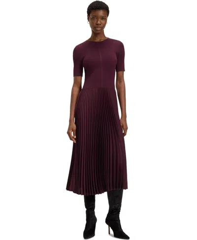 Hugo Boss Mixed-material Dress With Pleated Skirt In Burgundy