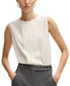 Hugo Boss Pleat-front Sleeveless Blouse In Washed Silk In Open White
