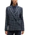 Hugo Boss Relaxed-fit Double-breasted Jacket In Checked Tweed In Navy