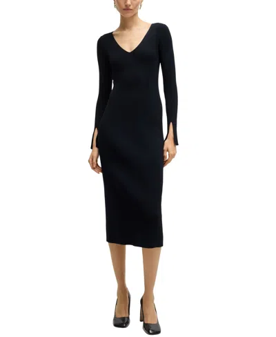 HUGO BOSS BOSS BY HUGO BOSS WOMEN'S RIBBED-KNIT V-NECK DRESS