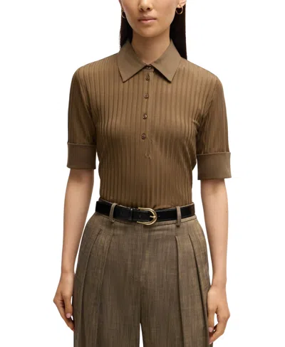 Hugo Boss Boss By  Women's Ribbed Polo-collar T-shirt In Open Brown