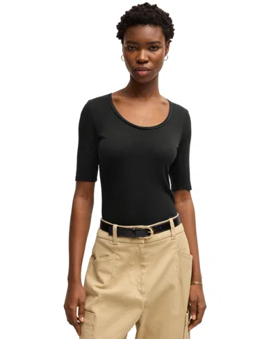 Hugo Boss Boss By  Women's Ribbed Scoop Neck T-shirt In Black