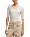 Hugo Boss Scoop-neck T-shirt In Ribbed Stretch Fabric In Open White
