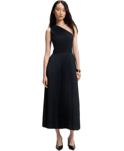 Hugo Boss Rib-knit One-shoulder Dress With Pleated Skirt In Black