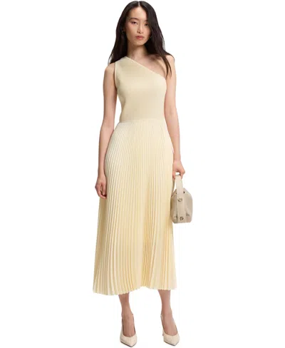 Hugo Boss Rib-knit One-shoulder Dress With Pleated Skirt In Yellow