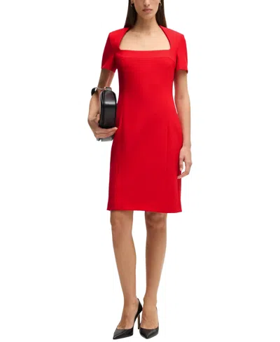 Hugo Boss Domingana Square Neck Sheath Dress In Bright Red