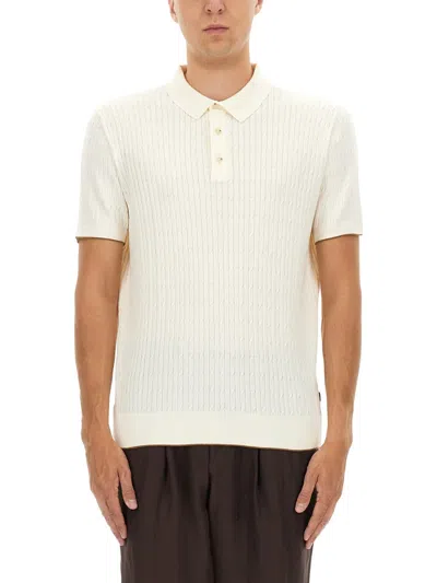 Hugo Boss Boss Camel Silk And Cotton Braided Polo Shirt In White
