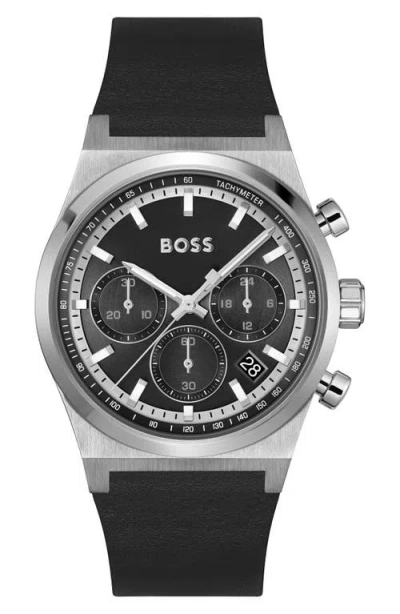 Hugo Boss Boss Candor Chronograph Leather Strap Watch, 41mm In Black