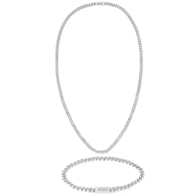 Hugo Boss Boss Chain Necklace And Bracelet Silver In Metallic