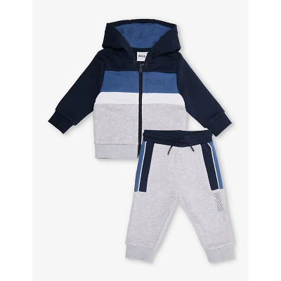 Hugo Boss Babies' Boss China Grey Striped Logo-print Cotton-blend Tracksuit 9-36 Months