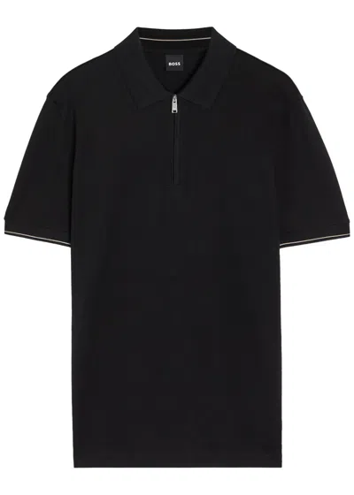 Hugo Boss Boss Close-knit Cotton Polo Shirt In Black