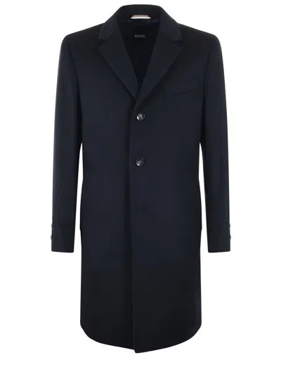 Hugo Boss Single Breasted Slim-fit Coat In Navy