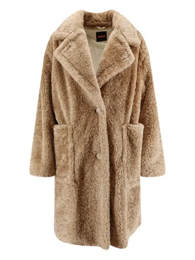 HUGO BOSS BUTTON-FRONT FAUX-FUR COAT