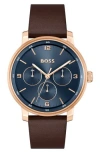 Hugo Boss Men's Contender Quartz Multifunction Brown Leather Watch 44mm In Blue