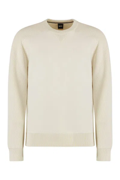 Hugo Boss Boss Cotton Blend Crew-neck Sweater In Beige