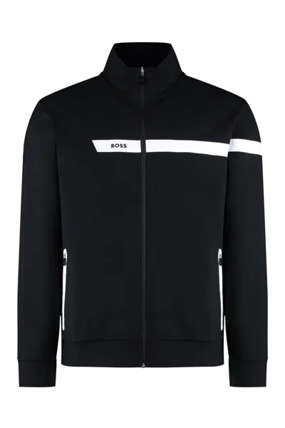 Hugo Boss Cotton-blend Zip-up Sweatshirt With Graphic Logo Stripe In Black