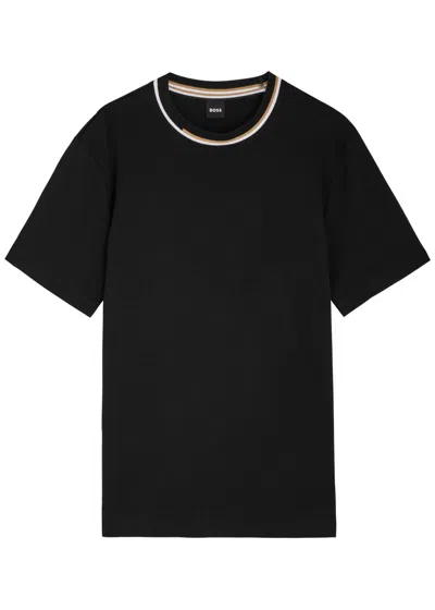 Hugo Boss Mercerized-cotton T-shirt With Striped Cuffs In Black