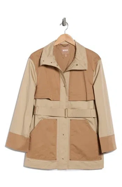 Hugo Boss Boss Cowala Belted Stretch Cotton Coat In Brown