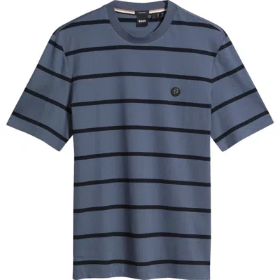 Hugo Boss Boss Cotton Stripe Emblem T-shirt In Blue