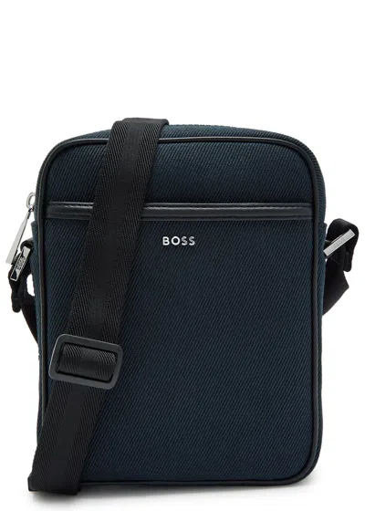 Hugo Boss Boss Dakkar Leather-trim Canvas Cross-body Bag In Blue