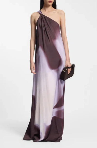Hugo Boss Boss Dantea One-shoulder Floral Print Gown In Brown