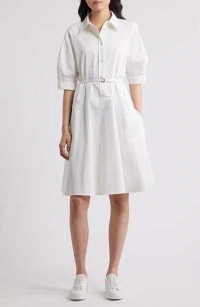 Hugo Boss Boss Delaurena Belted Stretch Cotton Shirtdress In Wht