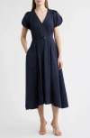 Hugo Boss Boss Demnilia Belted Cotton Blend Midi Dress In Blue