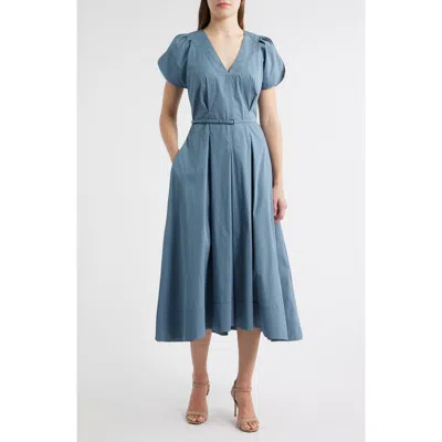 Hugo Boss Boss Demnilia Belted Cotton Blend Midi Dress In Blue