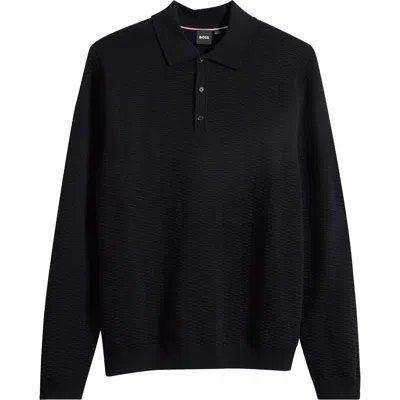 Hugo Boss Boss Diluigi Long Sleeve Virgin Wool Blend Polo Sweater In Black