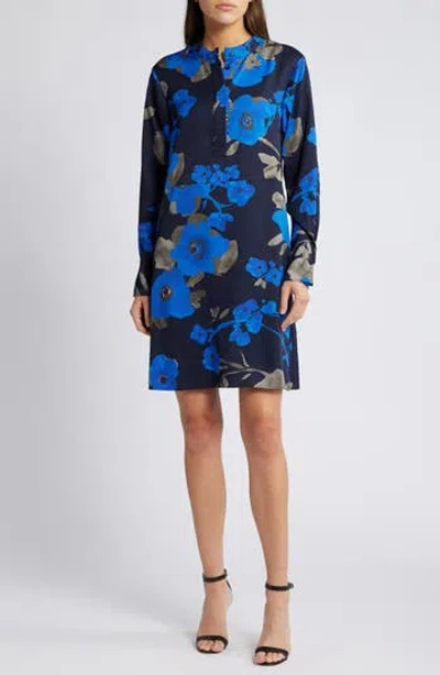 Hugo Boss Boss Dinalea Floral Print Long Sleeve Shift Dress In Blue