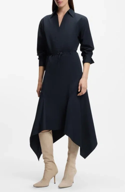 Hugo Boss Boss Doloh Long Sleeve Asymmetric Hem Cotton Midi Shirtdress In Blue