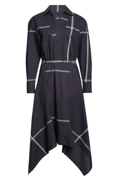 Hugo Boss Boss Doloh Ribbon Detail Long Sleeve Handkerchief Hem Cotton Dress In Blue