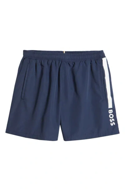 Hugo Boss Boss Dolphin Nos Logo Swim Trunks In Navy