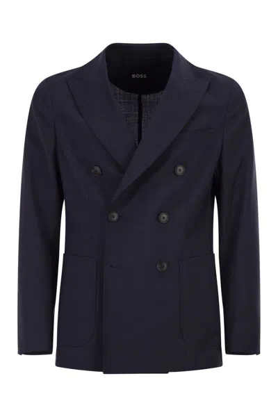 Hugo Boss Boss Men Double-breasted Blazer In Virgin Wool In Blue