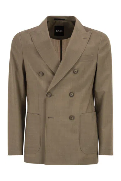 Hugo Boss Boss Double-breasted Blazer In Virgin Wool In Brown