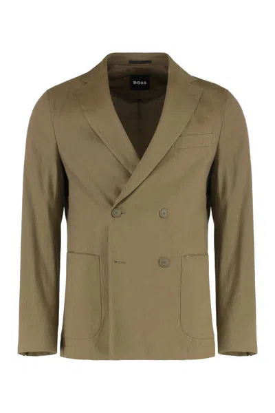 Hugo Boss Boss Double-breasted Linen Blend Jacket In Green