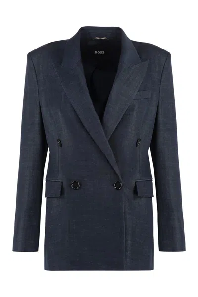 Hugo Boss Boss Double-breasted Tweed Jacket In Blue