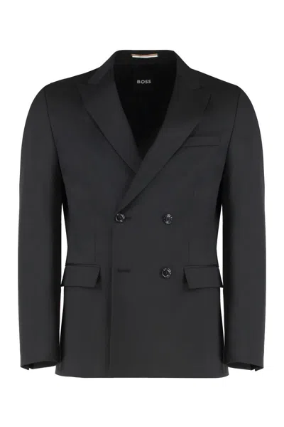 Hugo Boss Boss Double-breasted Wool Blend Jacket In Black