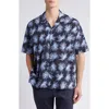 Hugo Boss Boss Drew Palm Print Stretch Camp Shirt In Dark Blue