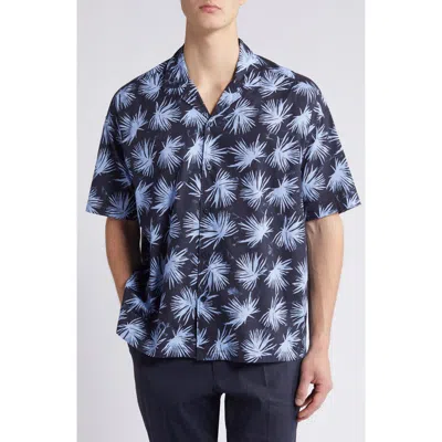 Hugo Boss Boss Drew Palm Print Stretch Camp Shirt In Dark Blue