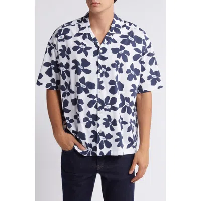 Hugo Boss Boss Drew Palm Print Stretch Camp Shirt In White-blue