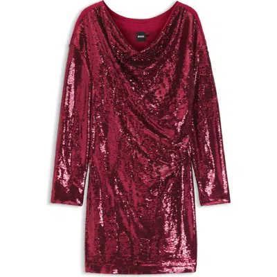 Hugo Boss Boss Ebiba Sequin Long Sleeve Dress In Burgundy