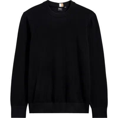 Hugo Boss Boss Ecaio Cotton Piqué Crewneck Sweater In Black