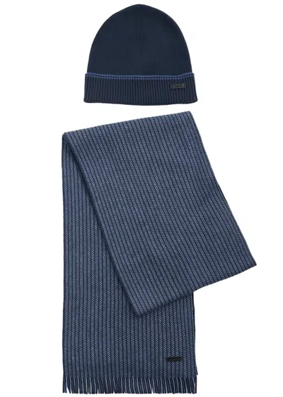 Hugo Boss Boss Ernesto Cotton-blend Beanie And Scarf Set In Blue