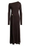 Hugo Boss Boss Evargo One-shoulder Long Sleeve Gown In Brown