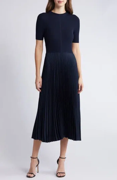 Hugo Boss Boss Fadrid Ribbed Pleated A-line Dress In Blue