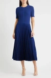 Hugo Boss Boss Fadridi Rib & Pleated Midi A-line Dress In Blue