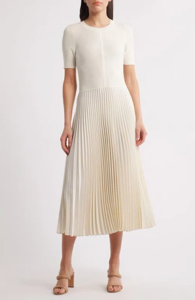 Hugo Boss Boss Fadridi Rib & Pleated Midi A-line Dress In Soft Cream