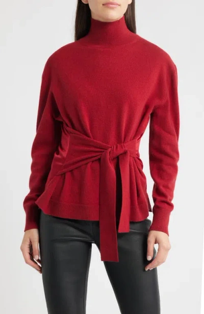 Hugo Boss Boss Falandia Tie Waist Mixed Media Turtleneck Wool & Cashmere Sweater In Red