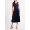 Hugo Boss Boss Farrah Slit Shoulder Mixed Media Midi Dress In Clean Navy
